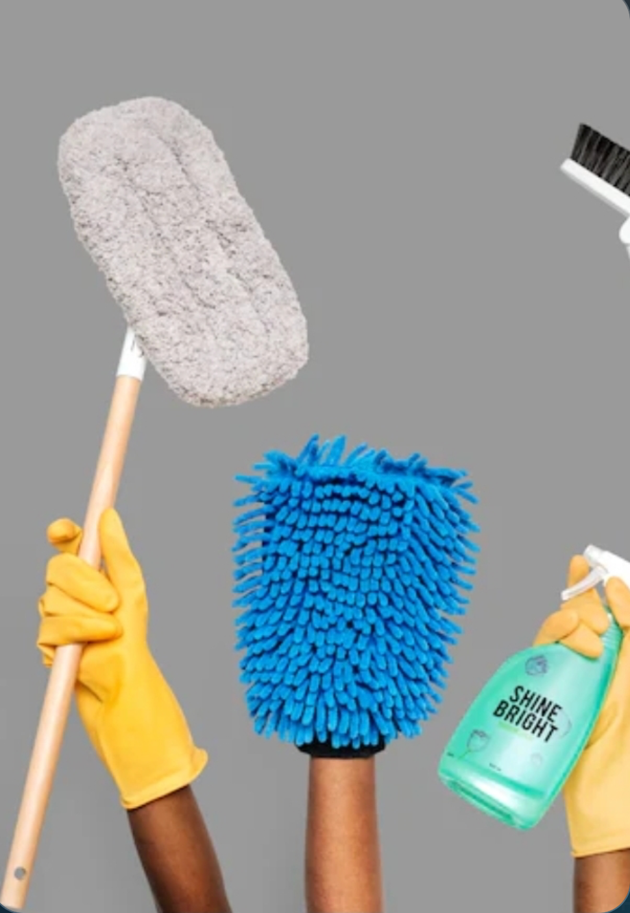 Cleaning supplies including dusters and spray bottle held by gloved hands.